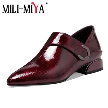

MILI-MIYA New Arrival Women Cow Leather Pumps Solid Color Slip-On Fashion Pointed Toe Square Heels Office&Career Shoe Size 34-41