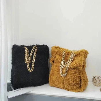 

Large Wool Shoulder Bag Women Thick Plastic Golden Chain Plush Handbag Autumn Winter Big Tote Bag Trend Designer Bag