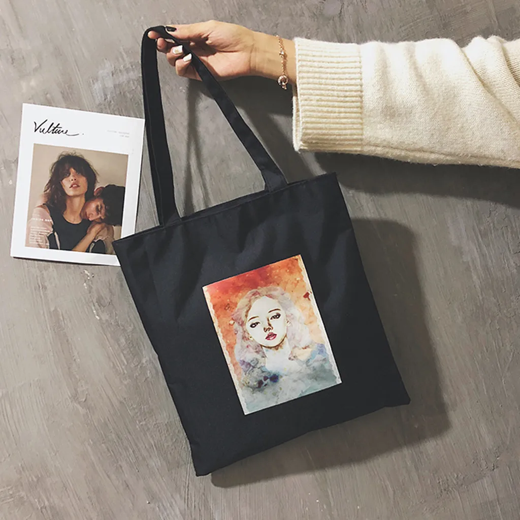 

Women Cartoon Canvas Tote Bag Large Capacity Fabric Cotton Shoulder Bag Movies Poster Shopping Bag Casual Square Brand Handbags