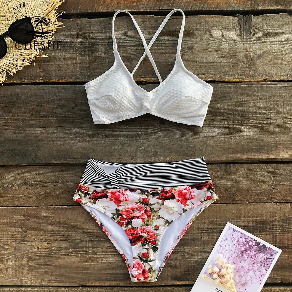 

CUPSHE Textured Stripe and Floral High-waisted Bikini Sets Sexy Swimsuit Two Pieces Swimwear Women 2019 Beach Bathing Suits