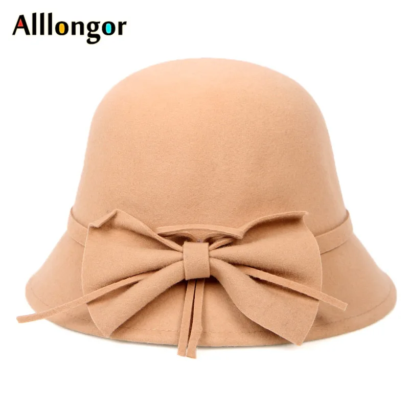 

High Quality 100% Wool Hat Women 2019 Winter Black Red Fedora Hat Bow Felt Bowler Hat Chapeau Femme Vintage elegant ladies hats