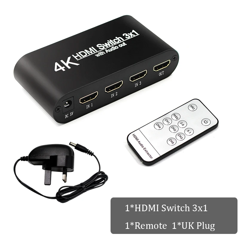 UK Plug and Remote 1080P hdmi-hdmi коммутатор 3x1 3 в 1 выход 4 к аудио экстрактор с дистанционным Аудио HDMI в SPDIF выход для ТВ ПК проектор камеры - Цвет: UK Plug and Remote