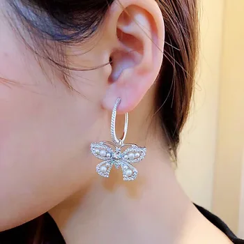 

925 Sterling silver Retro Asymmetric Butterfly earring animal insect Earrings Christmas jewelry Geometric circle pearl earrings