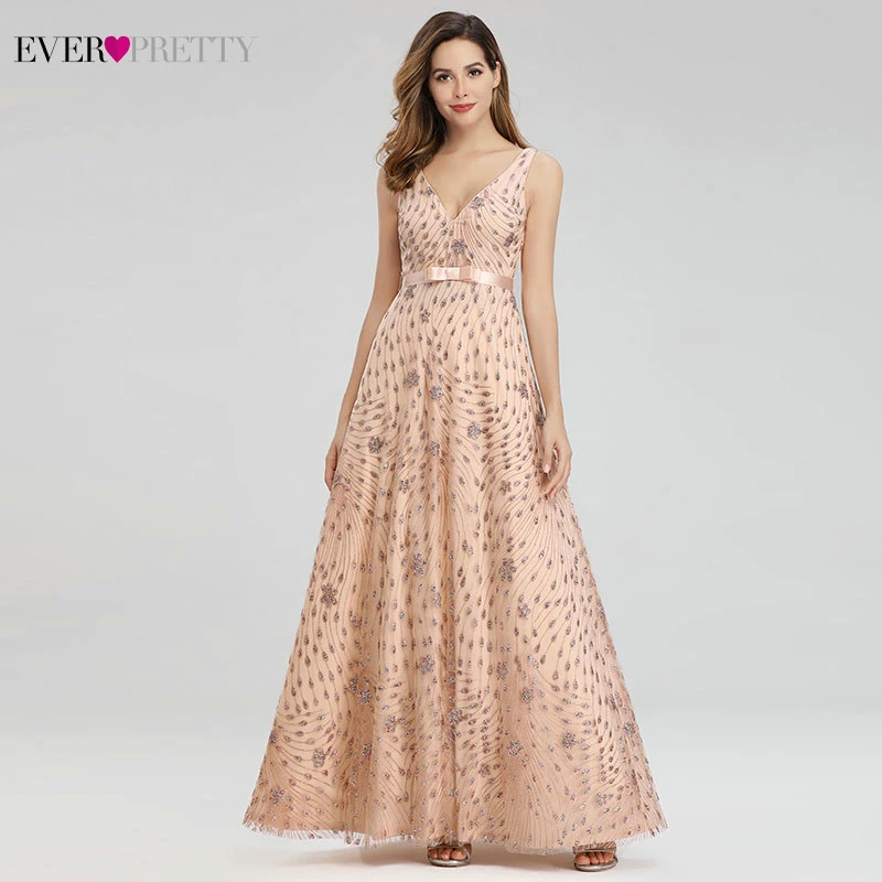 

Elegant Rose Gold Prom Dresses Long Ever Pretty Bow Sashes A-Line V-Neck Sexy Sparkle Party Gowns For Women Vestido De Gala 2020