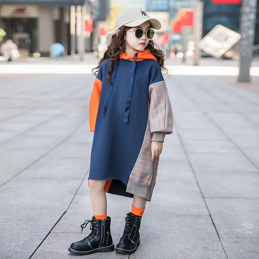 Уличная толстовка из плотного бархата с рукавами-фонариками; От 4 до 13 лет для девочек; современный цветной Свободный Длинный свитер в полоску; детская весенняя одежда - Цвет: Оранжевый