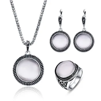 

TSHOU149 Round Opal Retro Jewelry Set Necklace Earrings Ring Jewelry Three Set
