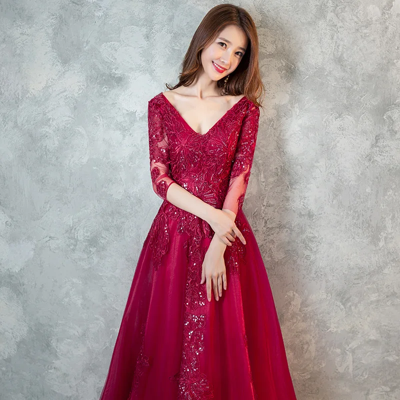 Красное вечернее платье, длинное,, открытая спина, сексуальное, v-образный вырез, половина рукава, свадебное платье для гостей, элегантное, Abito Da Cerimonia ES1403 - Цвет: Красный