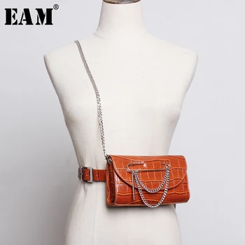 

[EAM] Pu Leather Black Mini-bag Chain Split Joint Long Belt Personality Women New Fashion Tide All-match Spring 2020 1M531