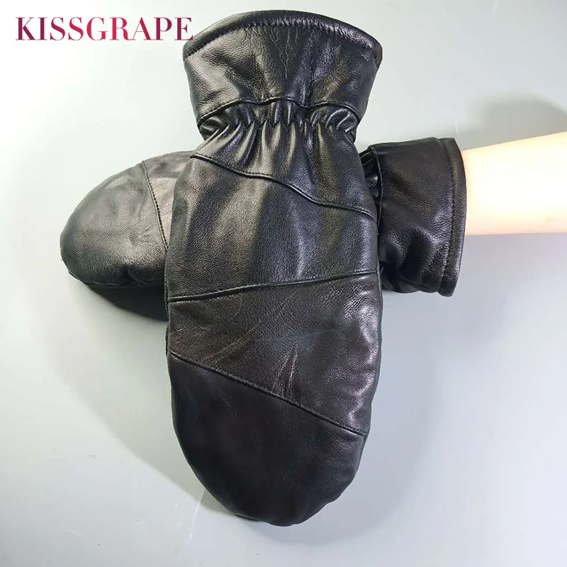 New Winter Warm Genuine Leather Mittens for Men 3 Layers Thick Sheep Leather Fleece Gloves Men's Outdoor Warm Cotton Mittens mens snow gloves