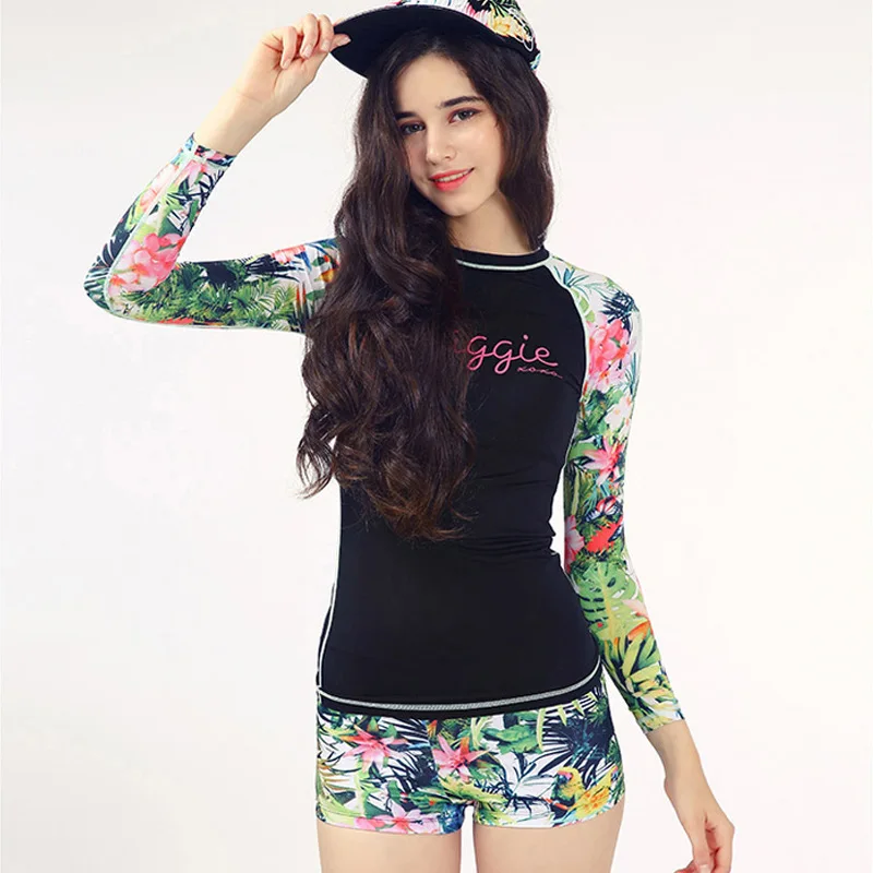 

2018 Korean Style New Style Long Sleeve Swimwear Beach Sun-resistant Split Type Boxer Sports Cute Sexy Flower Bathing Suit