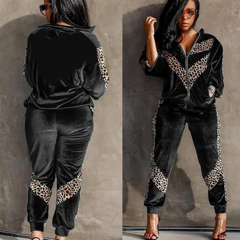 

New Autumn Women Sets Leopard Patchwork Tracksuits Velvet 2 Pieces Set Fashion Zipper Long Sleeve Coats Jogger Pants Sportswear