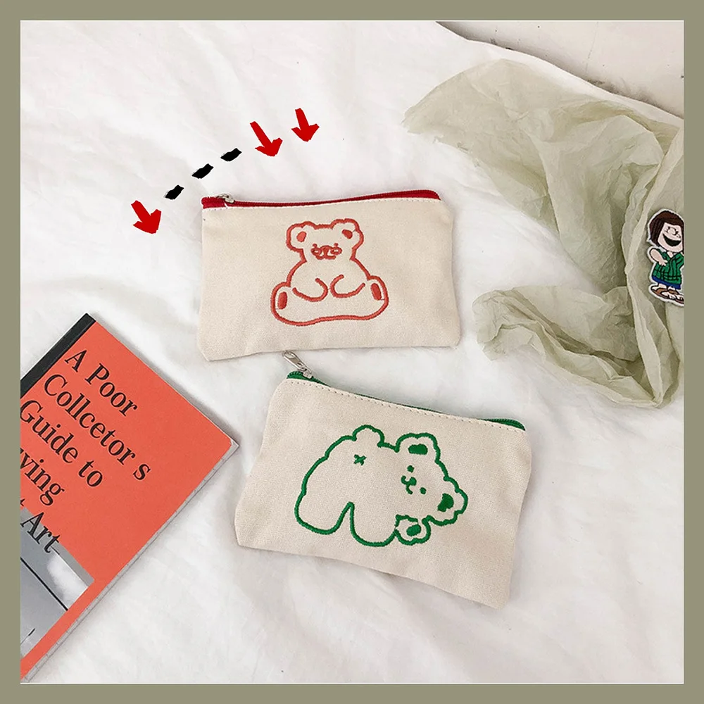  SIXONE Ins Concise Embroidery Bear Pencil Case Cosmetic Bag Kawaii Large Capacity Student Canvas St