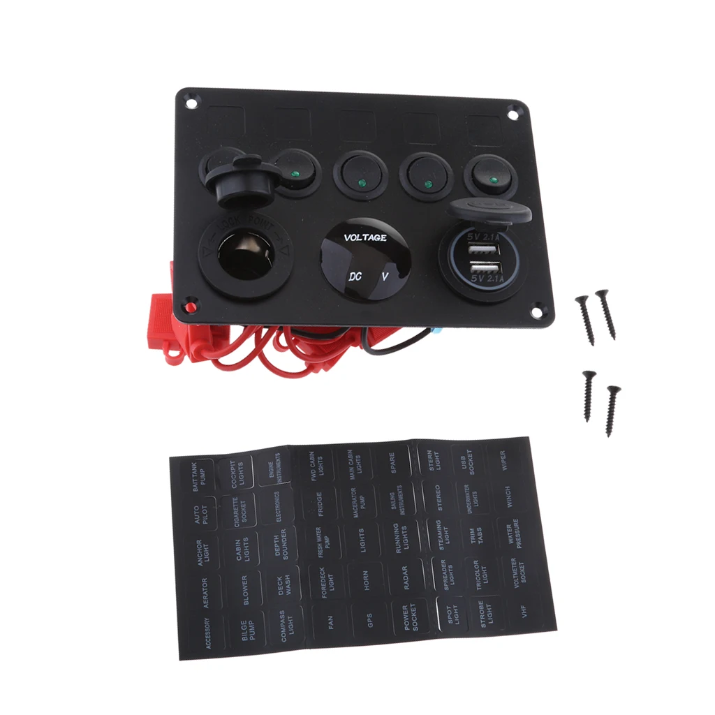 5 Gang On-Off Toggle Switch Multi-Functions Green LED Dual USB Port Charger Voltmeter for Boat Marine Auto