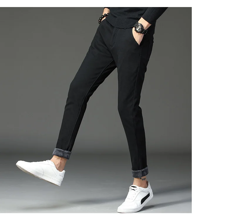 4 цвета мужские Зимние флисовые пуховые утепленные повседневные штаны мужские деловые прямые эластичные толстые хаки 98% хлопковые брюки мужские