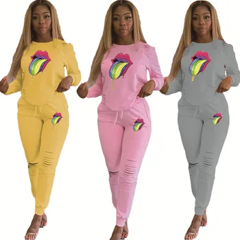 

Women 's Casual Big Tongue Sweatshirt Pant Set Pullover Elastic Waist Full Length Polyester Solid Ankle-length O-neck Regular