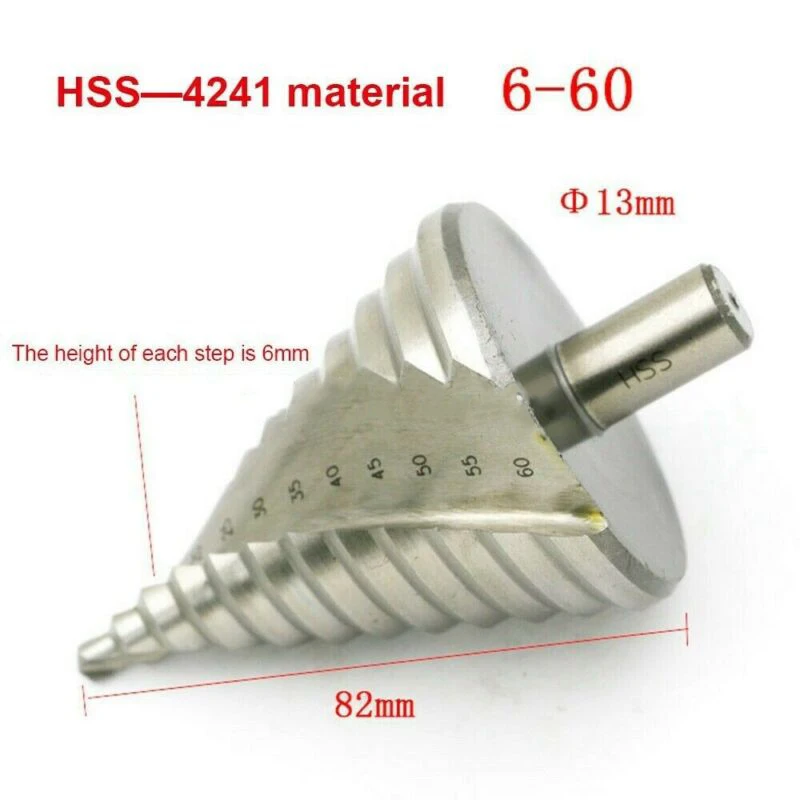 

6-60MM 12 Step HSS Spiral Groove Step Cone Drill Hole Cutter Shank Bit Drilling Accessories Multi Tools Ferramentas