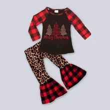 Лидер продаж; одежда для маленьких девочек с длинными рукавами в клетку с леопардовым принтом рождественской елки; Модный комплект одежды на Рождество