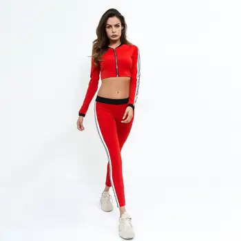 

2020 Spring Autumn Long Sleeve Sportswear Sweat Suits Womens Zipper Crop Top Set with Pant