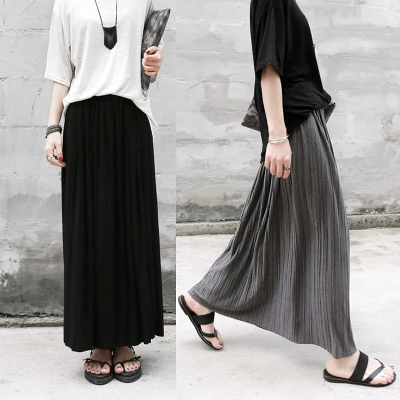 

Elegant Solid Maxi Pleated Skirt Women 2020 Autumn Spring Ladies Korean Gray Black High Waist School Long Skirt Female
