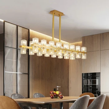

New Luxury Gold Chandelier Lighting Modern Cube Crystals Lamp For Dining Room Rectangle Island Hanging Light Fixtures With LED