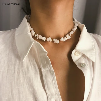 

HUANZHI 2019 New Sea Style White Color Crystal Spar Geometric Transparent Beading Necklace for Women Girl Party Vacation Jewelry