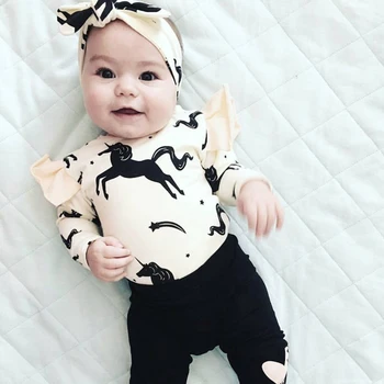 

Newborn Clothes Baby Girls Autumn 3Pcs Clothing Sets Infant Long Sleeve Cartoon Horse Ruffles Romper+Pants+Headband Outfits Set