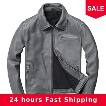 

2020 Vintage Grey Men Samrt Casual Leather Jacket Large Size 4XL Genuine Cowhide Russian Autumn Slim Fit Leather Coat