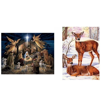 

2 Set Diy 5D Diamond Painting Embroidery Cross Stitch Home Decor - Two Deer & Angel, Newborn Baby
