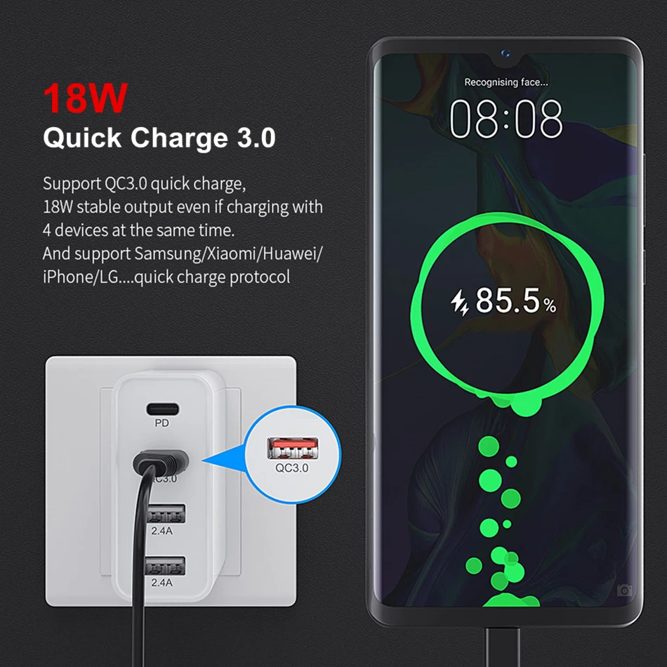 Amstar 48 Вт мульти Быстрая зарядка 3,0 PD type C USB зарядное устройство для iPhone 11 XS X samsung 10 9 huawei Tablet QC 3,0 быстрая настенная зарядка