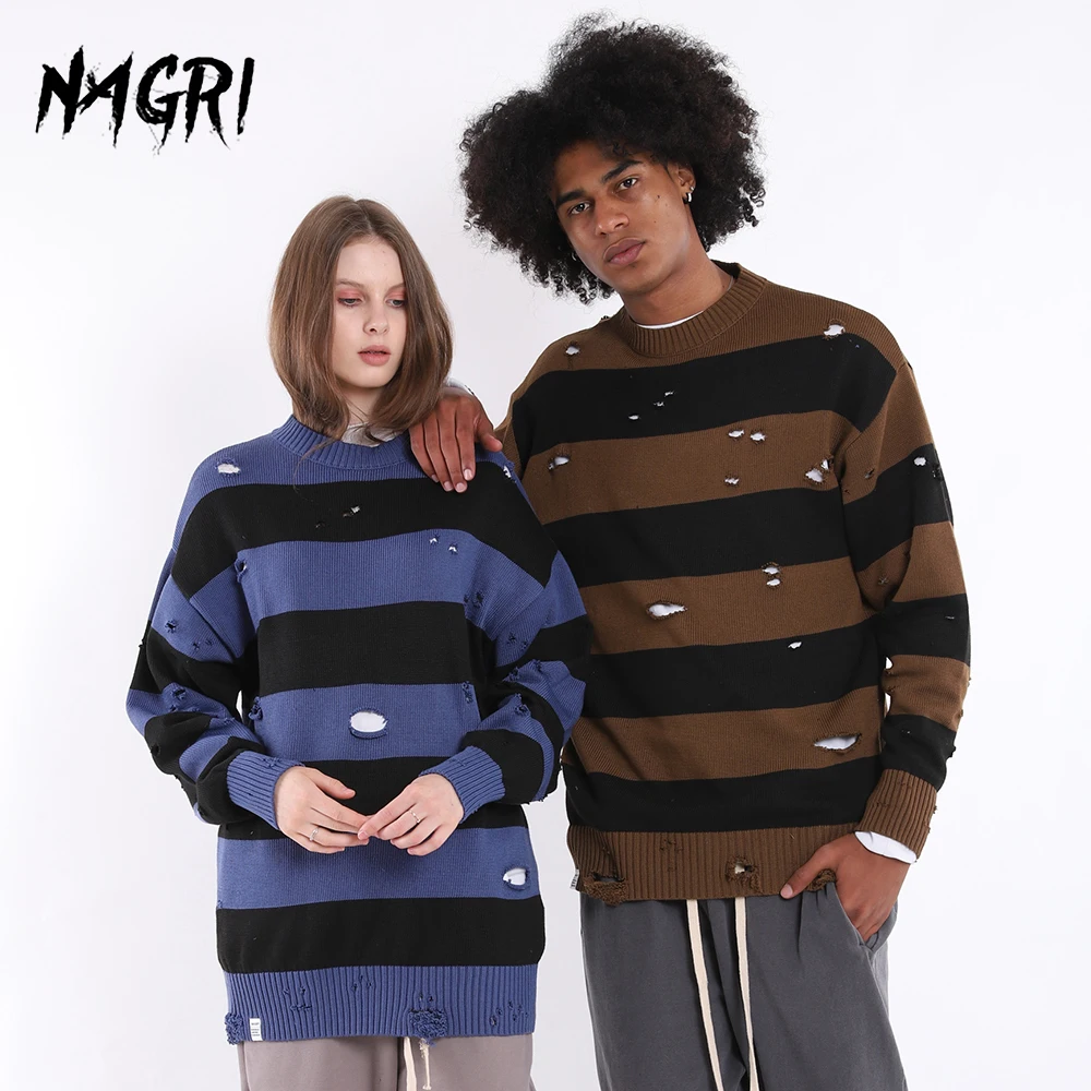 Crew Neck Sweaters 2020 Striped Pattern Winter Fashion Tops Ripped Hole Streetwear Pullover Jumper Knitted Sweater Female Male | Мужская