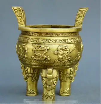

Chinese fengshui old Bronze tripodia ding dragon statue incense burner censer