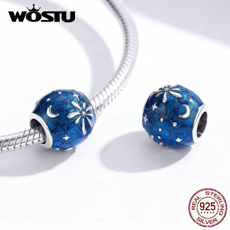 WOSTU 925 пробы Серебряный фейерверк синий бисер круглый Шарм Подходит браслет кулон Год Вечерние ювелирные изделия CTC132