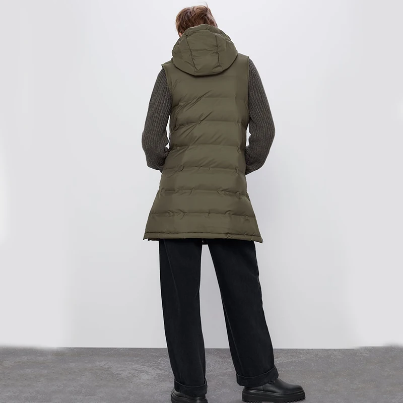 Koop Ladyfirsy ZA Herfst Winter Mode Katoenen Vest Vrouwen Kraag Hooded Zipper Pocket Mouwloze Losse Dikke Warme Katoenen Vest Jas