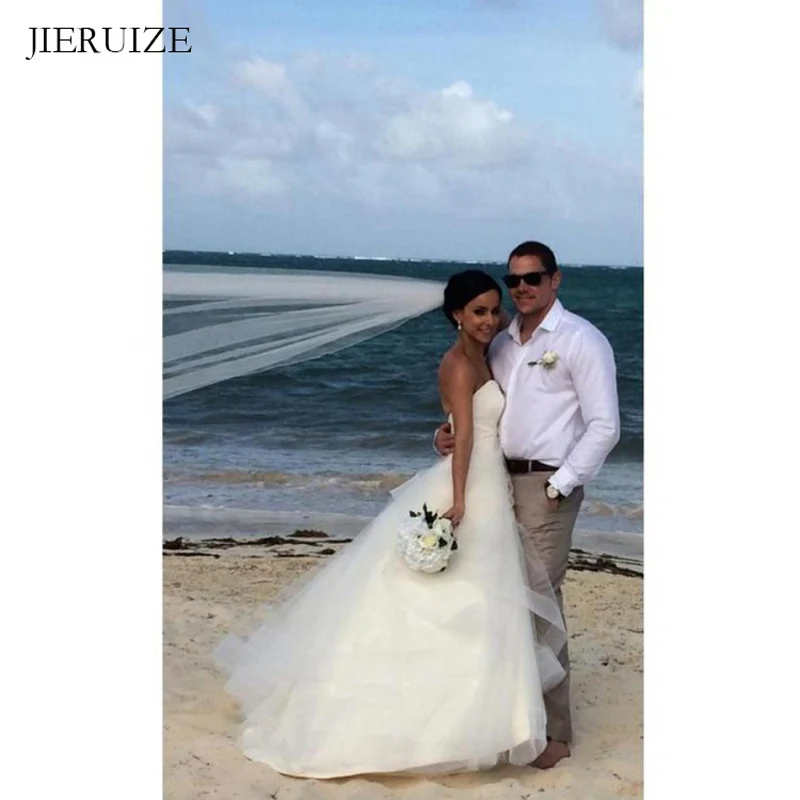 

JIERUIZE White Tulle Tiered Beach Wedding Dresses Sweetheart Lace Up Back Simple Bride Dresses Wedding Gowns robe de mariee