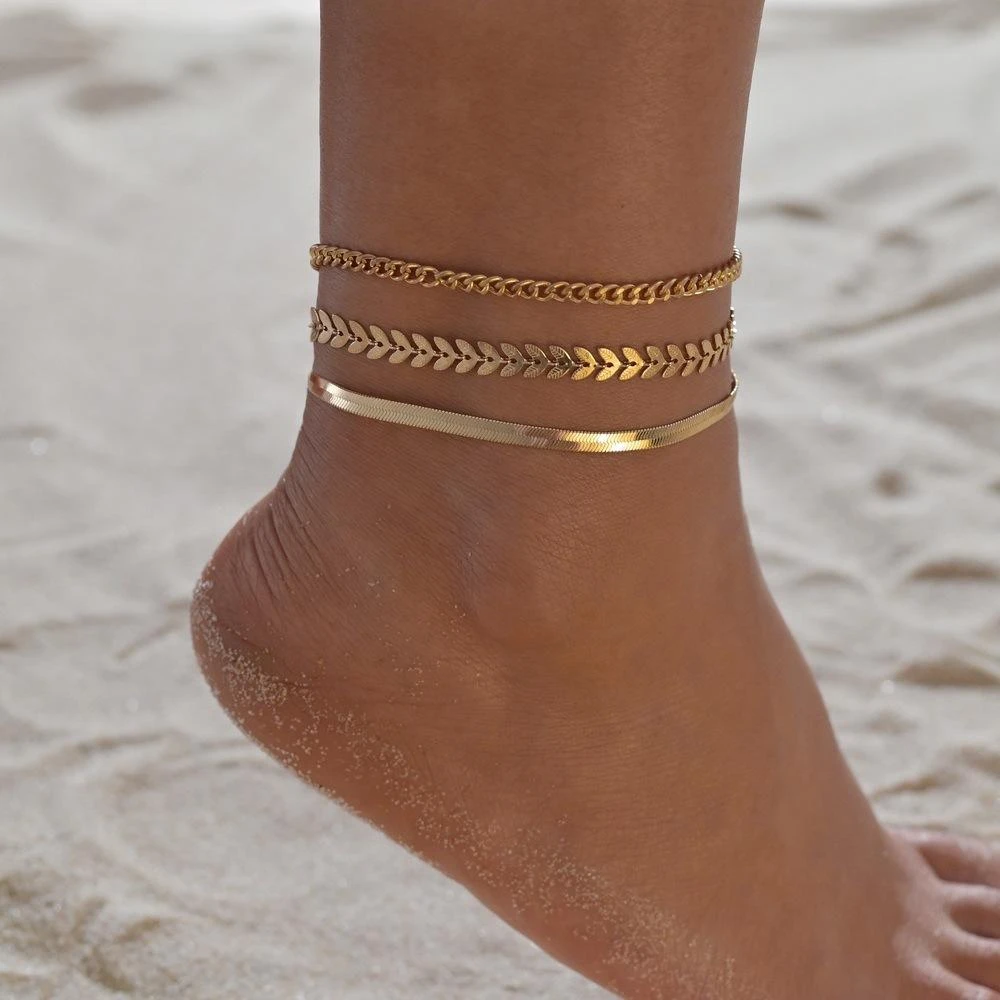 Juego de 3 unids/set de tobilleras cadena Simple para mujer, pulseras de de cadena de pierna para pie de playa, Color dorado|Tobilleras| -