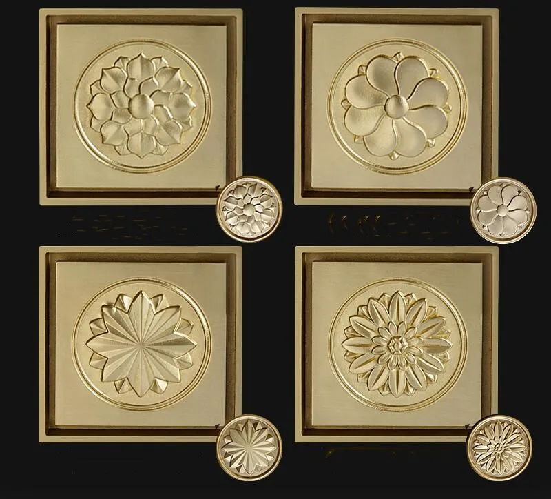 

Top quality brass floor drain gold 100*100mm golden Carving pattern bathroom shower room drainer Large flow drainage