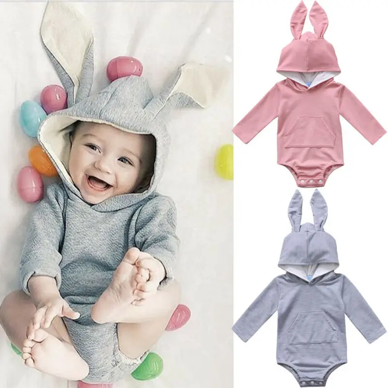 

Newborn Baby Girl Boy Long Sleeve Bunny Hooded Romper Outfit Bodysuit Easter Warm Cotton Outfits