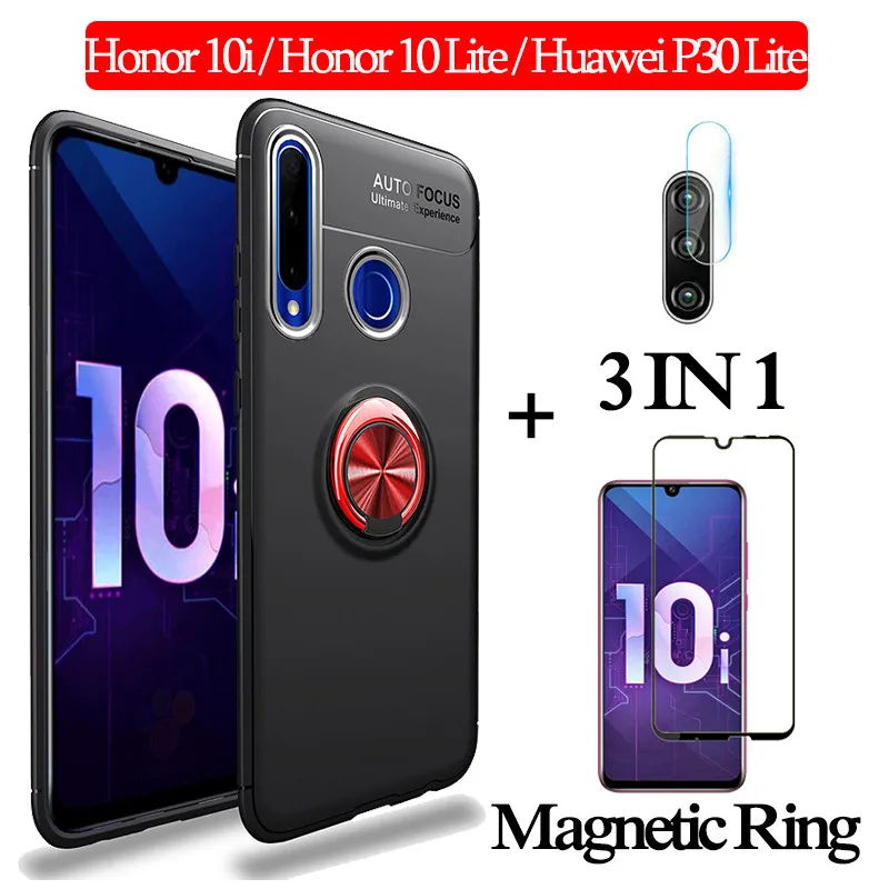 3-в-1 стекло+ магнитом Силиконовое чехол хонор 10 лайт чехол на Honor 10i 10Lite мягкий чехол на телефона huawei p30lite чехол полное покрытие чехол на хонор 10i чехол honor 10i магнитная кольцом чехол - Цвет: 3-in-1 BlackRedCase