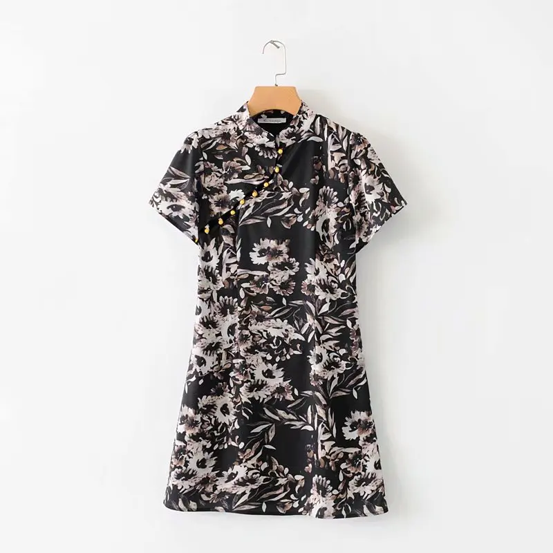 

Europe And America 2019 Summer New Style Slim Fit Slimming Versatile Short Sleeve Retro Printed Mini Cheongsam Dress Short Skirt