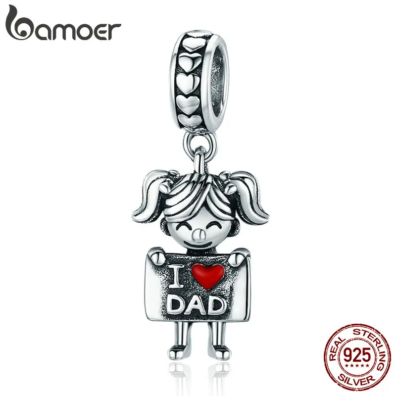 BAMOER подлинный 925 пробы Серебряный Очаровательный кулон с надписью «I Love Dad Mom» для девочек и мальчиков браслет и ожерелья ювелирные изделия SCC690