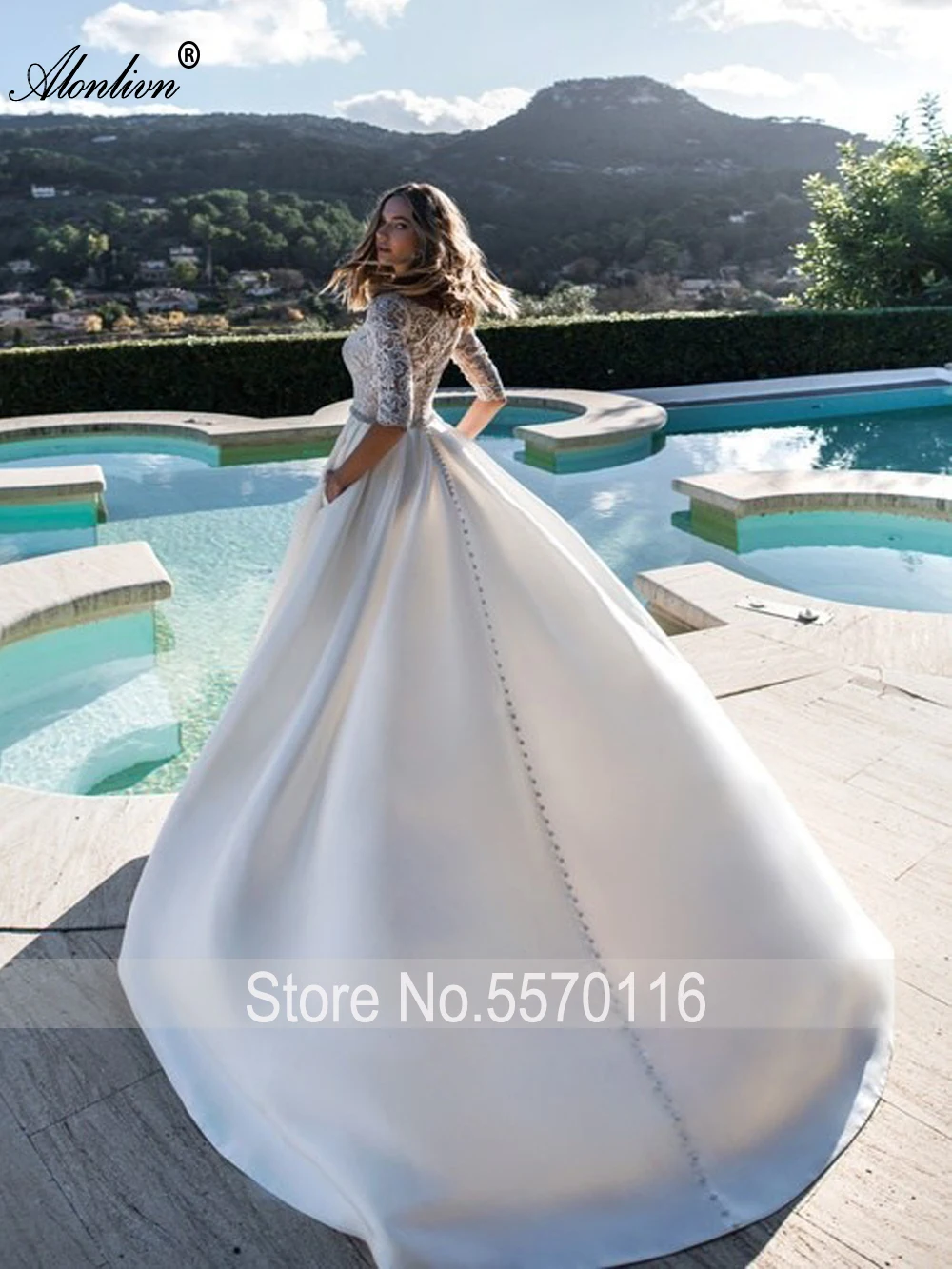 Alonlivn высокого класса Роскошный атлас с пуговицами Vestido de Noiva Кружевная аппликация