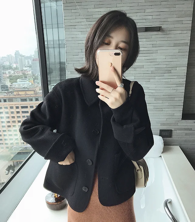 Woman short Solid Woolen Coat Fashion Autumn Jacket - Цвет: Черный