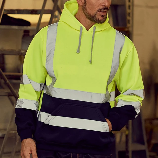 Hi Viz Hoody Mens Safety Hooded Sweatshirt Hoodie Site Uniform Work Fleece Top