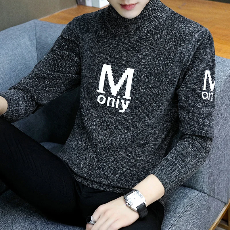 2019 мужской свитер с высоким воротом пуловер тонкий теплый однотонный отворотом