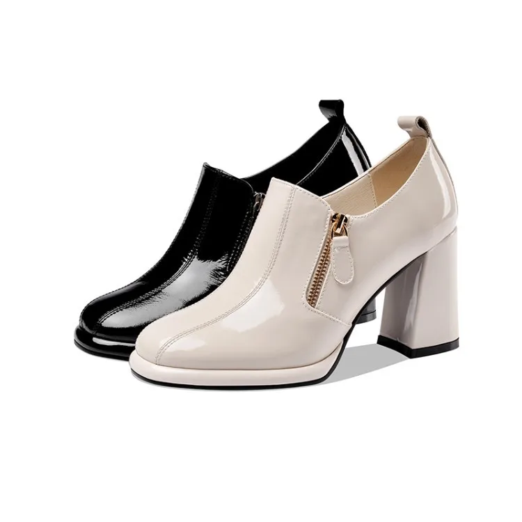 

England Casual High-Heel Chunky-Heel Square Head Waterproof Platform Solid Color Full-grain Leather Metal Side Zipper Deep Mouth