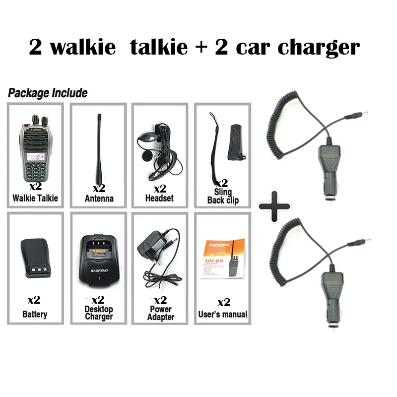 Add 2 car charger 2 шт. Baofeng UV-B5 легкий Портативный РАДИОТЕЛЕФОНА Walkie Talkie “иди и UHF VHF Любительская рация двойного диапазона с возможностью радио Comunicador иди и болтай Walkie Talkie 50 км - Цвет: Add 2 car charger