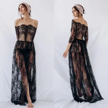 

Off Shoulder Lace Night Robe Sexy Black See Through Nightgowns Robes Floor Length Women Sleepwear