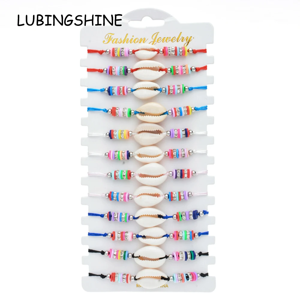 

Bohemian 12pcs/lot Shell Charms Braided Bracelet Set for Women Child Soft Clay Bead Adjustable Rope Chain Yoga Anklet Jewelry
