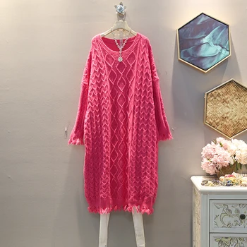 

[EWQ] 2020 Spring Autumn New Pattern Round Collar Long Sleeve Solid Knitting Pullovers Vintage Sweater Dress AH95306