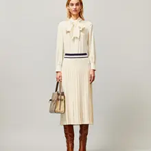 Новинка осень зима темперамент Грация ЛЕДИ элегантный сплошной полосой простота плиссированные трикотажные юбки женская юбка размера плюс